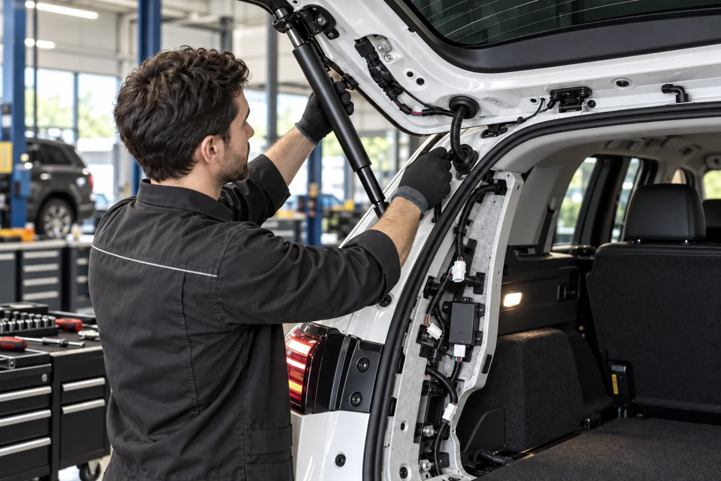 SUV bagaj kapağına motorlu amortisör ve korumalı tesisat yerleştiren teknisyen