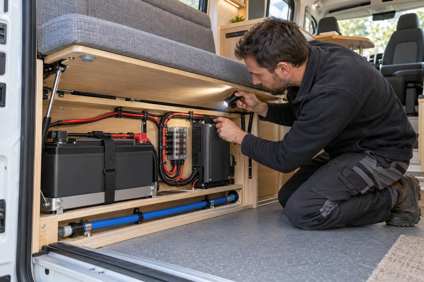 Karavan oturma biriminin altında düzenli elektrik ve su altyapısını kontrol eden teknisyen