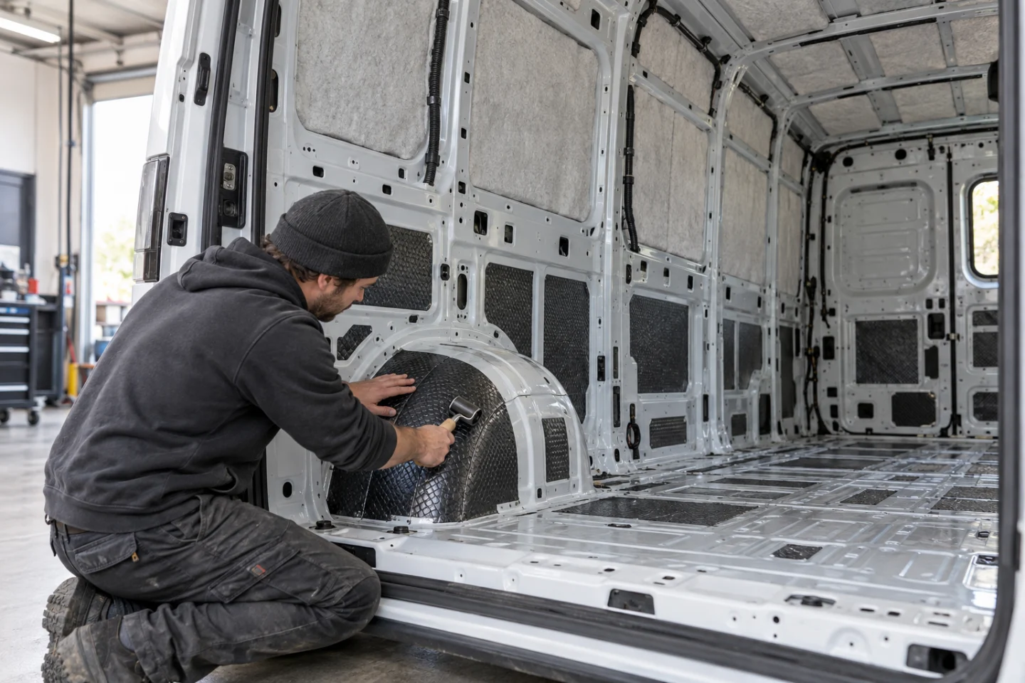 Karavan gövdesinde teker davlumbazına titreşim katmanı uygulayan teknisyen