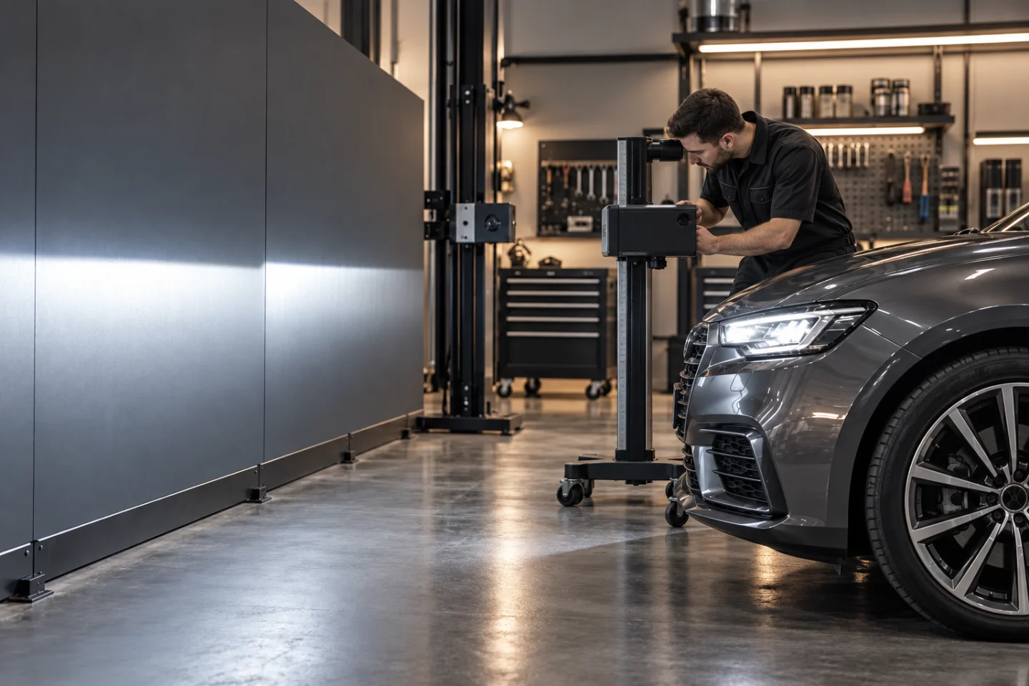 Ölçüm duvarında LED far ışık çizgisini ve yüksekliğini kontrol eden teknisyen