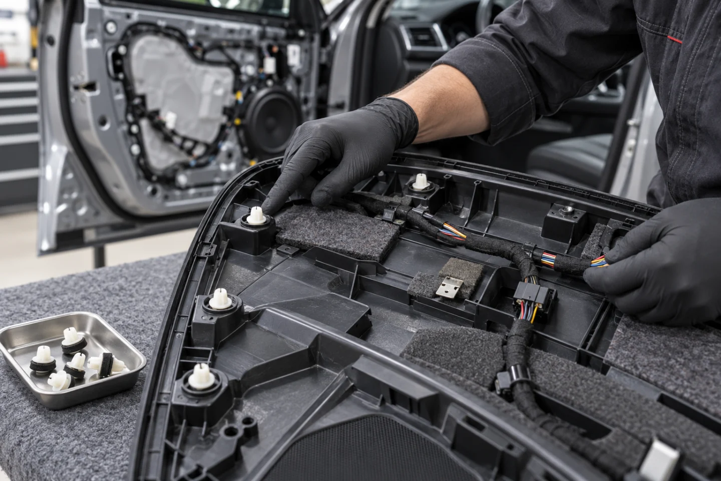 Trim panelinde klips ve kablo temaslarını kontrol eden teknisyen