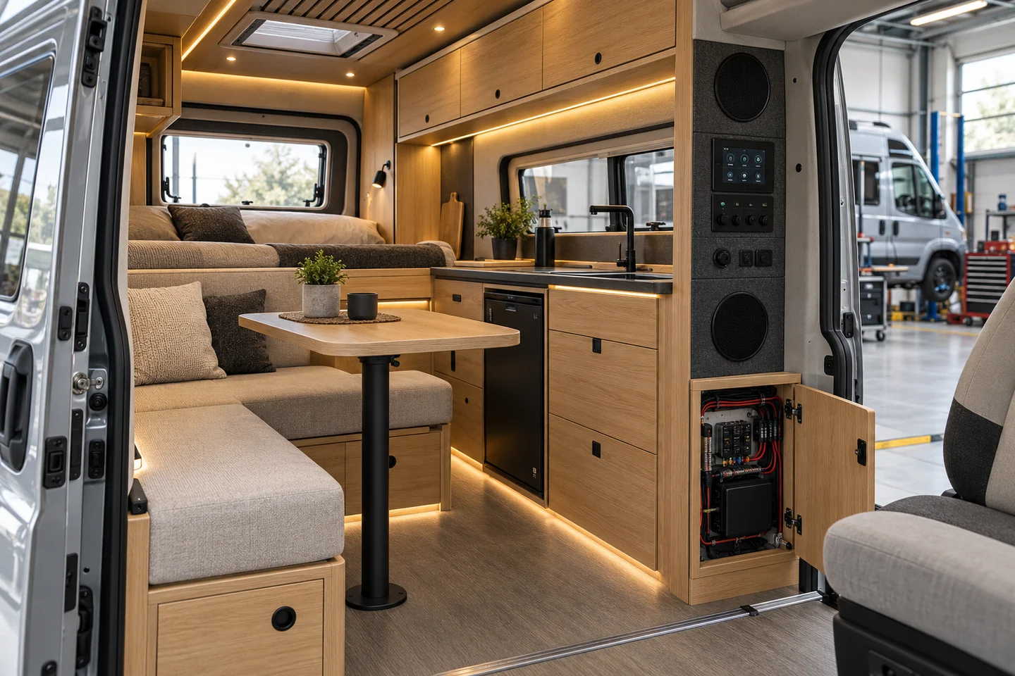 Karavan yaşam alanında ses, aydınlatma ve temiz elektrik entegrasyonu