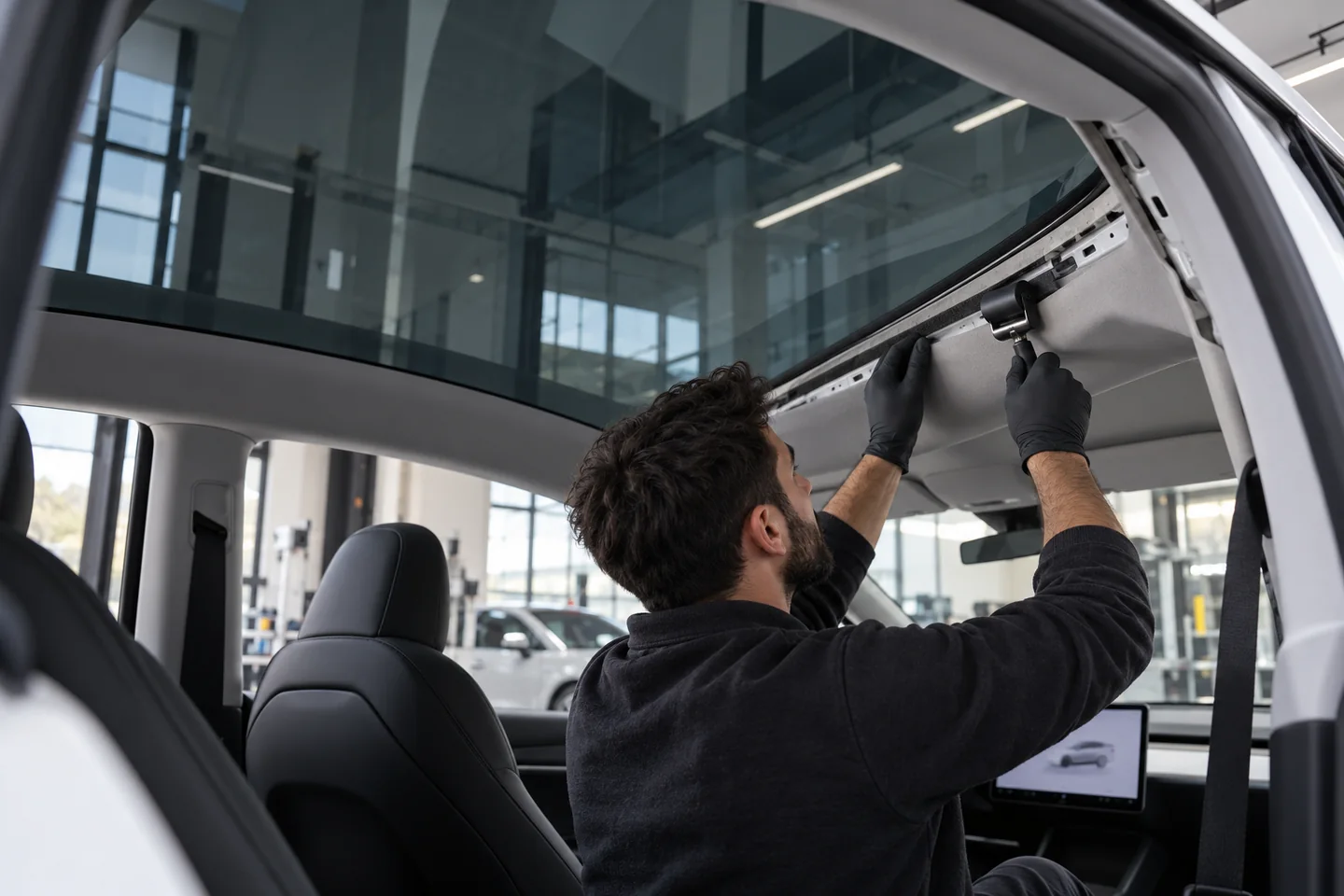 Panoramik cam açıkta bırakılarak Tesla tavan çevresinde konfor çalışması